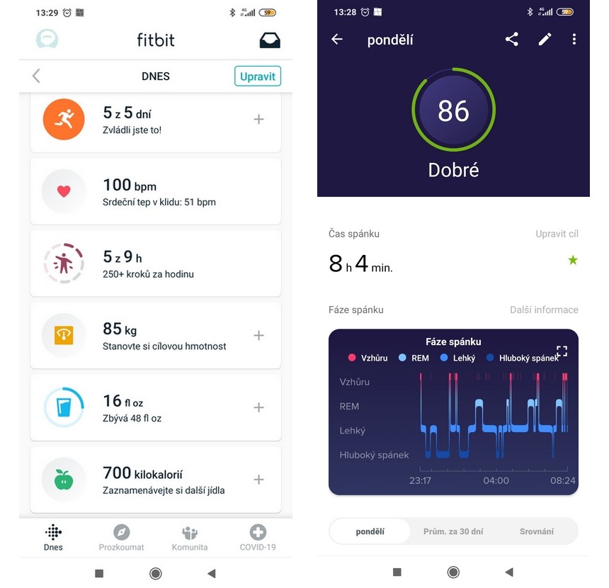 Přehledné záznamy aktivit v mobilní appce Fitbit