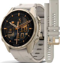 Garmin Fenix 8 AMOLED 43 mm, Sapphire Soft Gold Stainless Steel Fog Gray Limestone Leather Band (Premium) (+ náhradní řemínek)