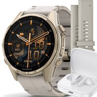 Garmin Fenix 8 AMOLED 43 mm, Sapphire Soft Gold Stainless Steel Fog Gray Limestone Leather Band (Premium) (+ náhradní řemínek)