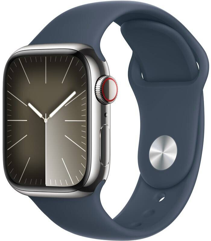 Apple Watch Series 9 GPS + Cellular 41mm Silver Stainless Steel Case / Storm Blue Sport Band - S/M