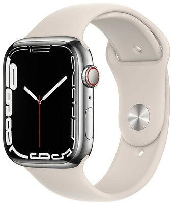 Apple Watch Series 7 GPS + Cellular, 45mm Silver Stainless Steel Case / Starlight Sport Band - Regular