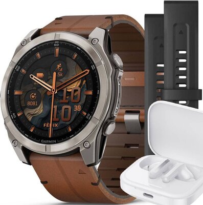 Garmin Fenix 8 AMOLED 51 mm, Exclustive Titanium Graphite Brown Leather Band (Premium) (+ náhradní řemínek)