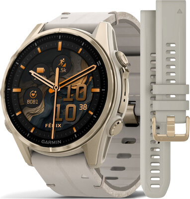 Garmin Fenix 8 AMOLED 43 mm, Sapphire Soft Gold Stainless Steel Fog Gray Limestone Leather Band (Premium) (+ náhradní řemínek) (rozbalené)