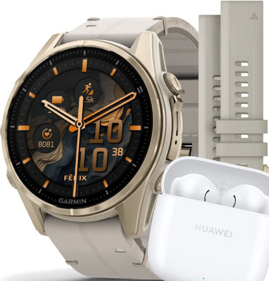 Garmin Fenix 8 AMOLED 43 mm, Sapphire Soft Gold Stainless Steel Fog Gray Limestone Leather Band (Premium) (+ náhradní řemínek)